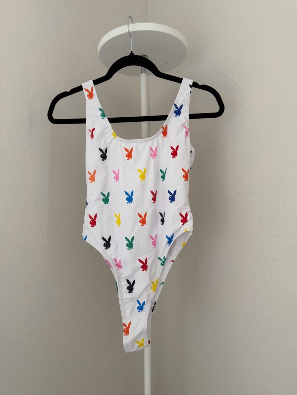 PLAYBOY White One-Piece Bodysuit with Multicolor Bunny Print